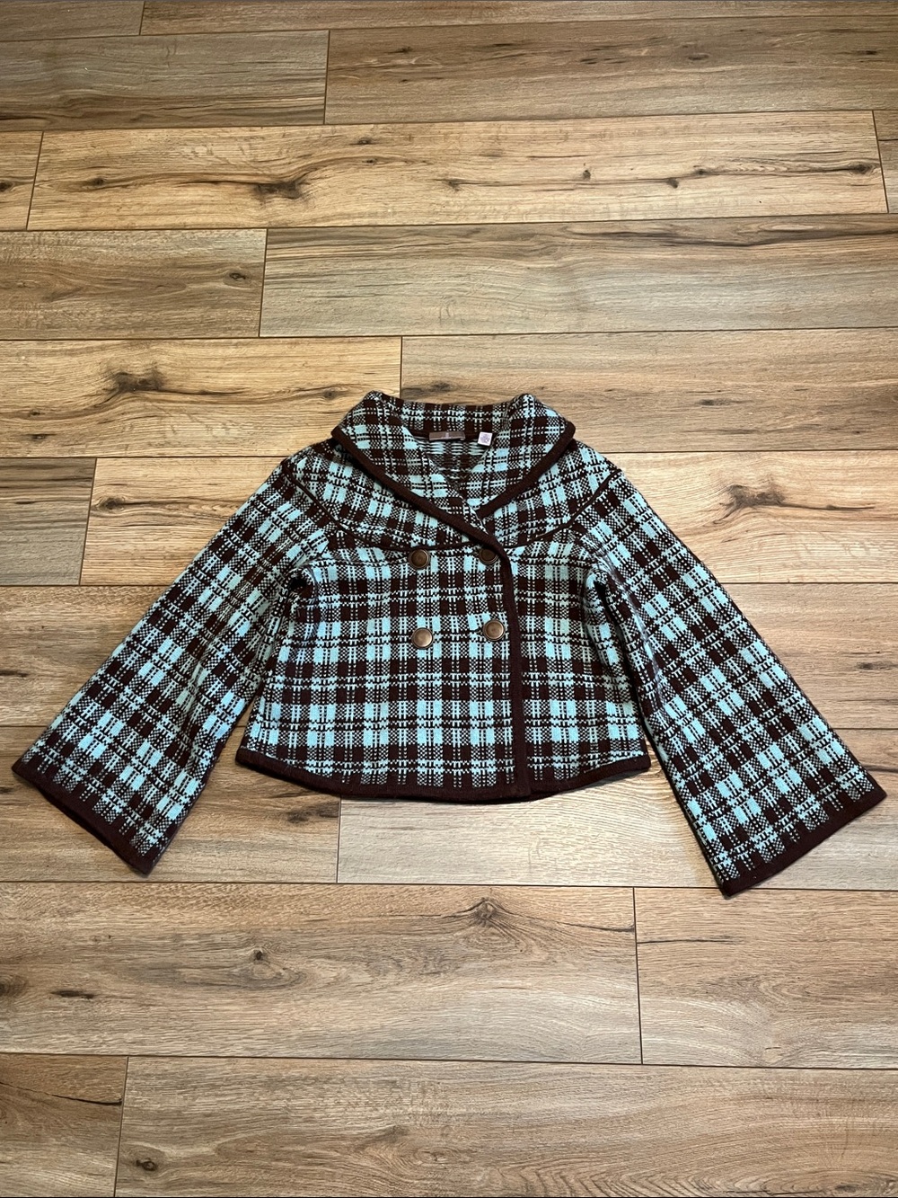 Cullen 100% Cashmere Plaid Cropped Peacoat Cardigan Sweater Brown Blue Small